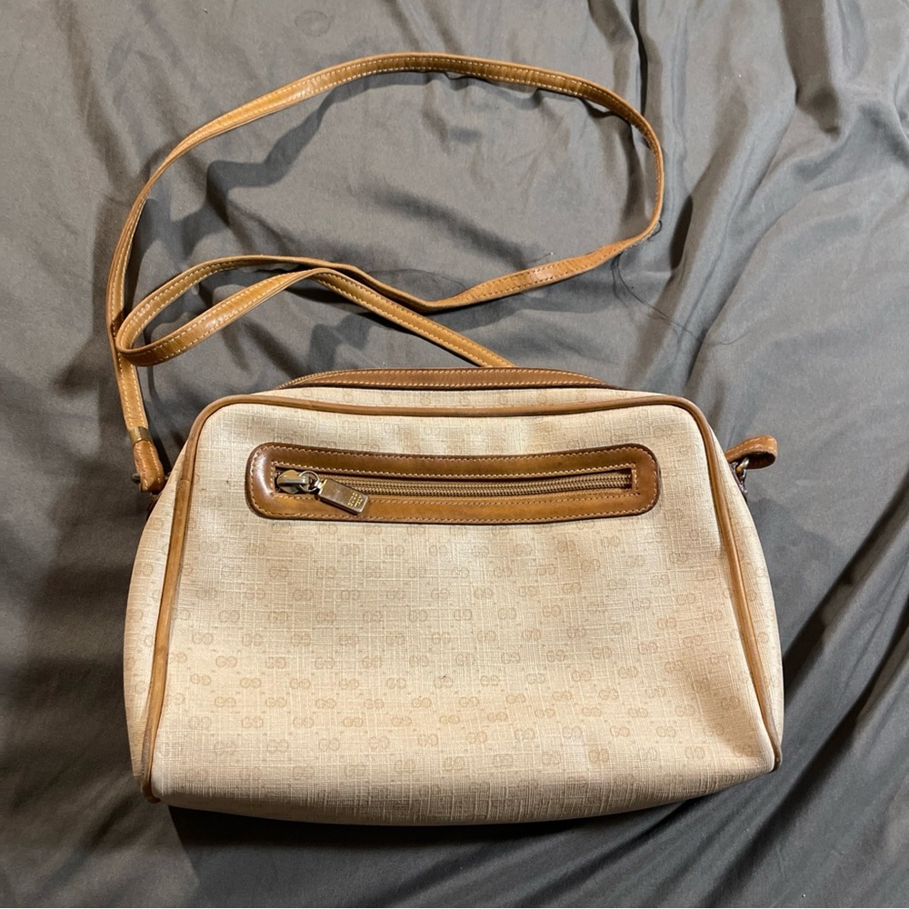 Gucci GG Vintage Monogram Crossbody Beige Tan Leather PVC Bag